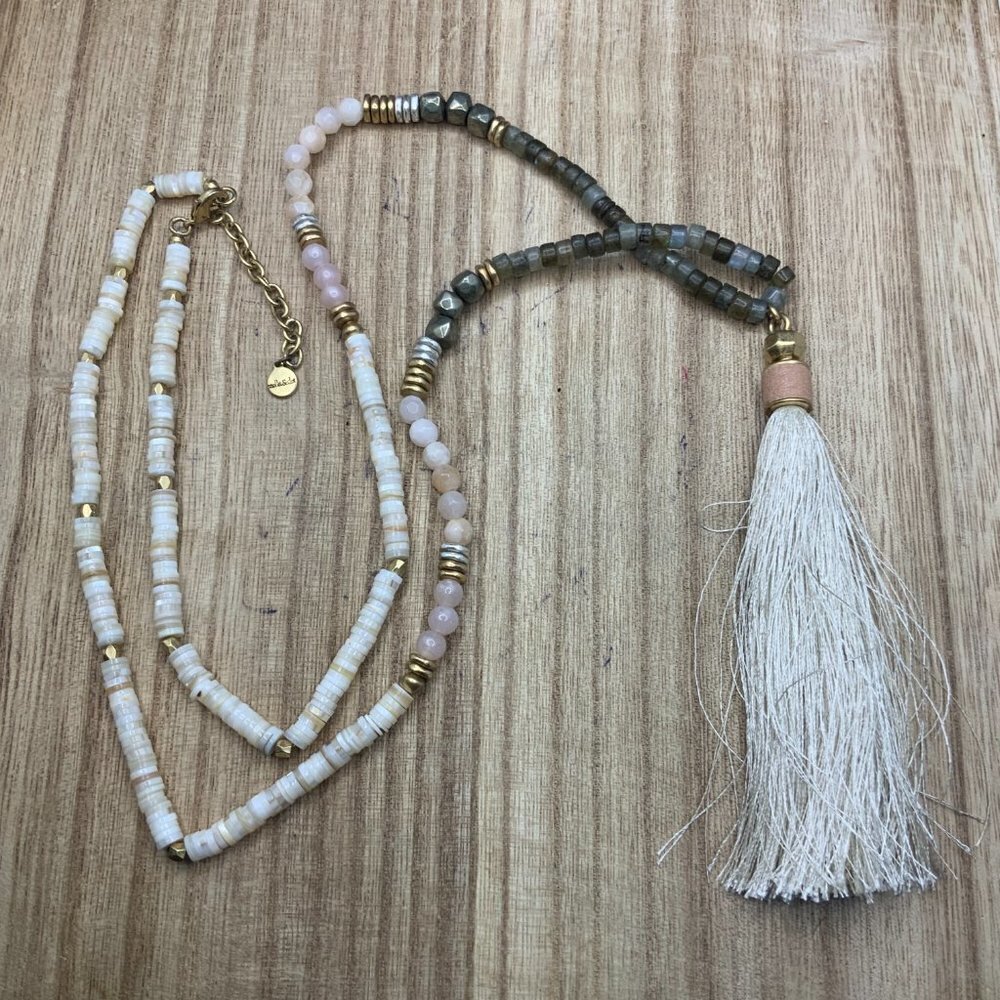 Stella & Dot Stone Beaded Silver Tone Boho Tassel Necklace